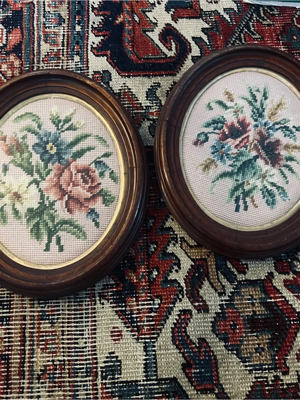 Vintage Floral Needlepoint Wall Plaques -